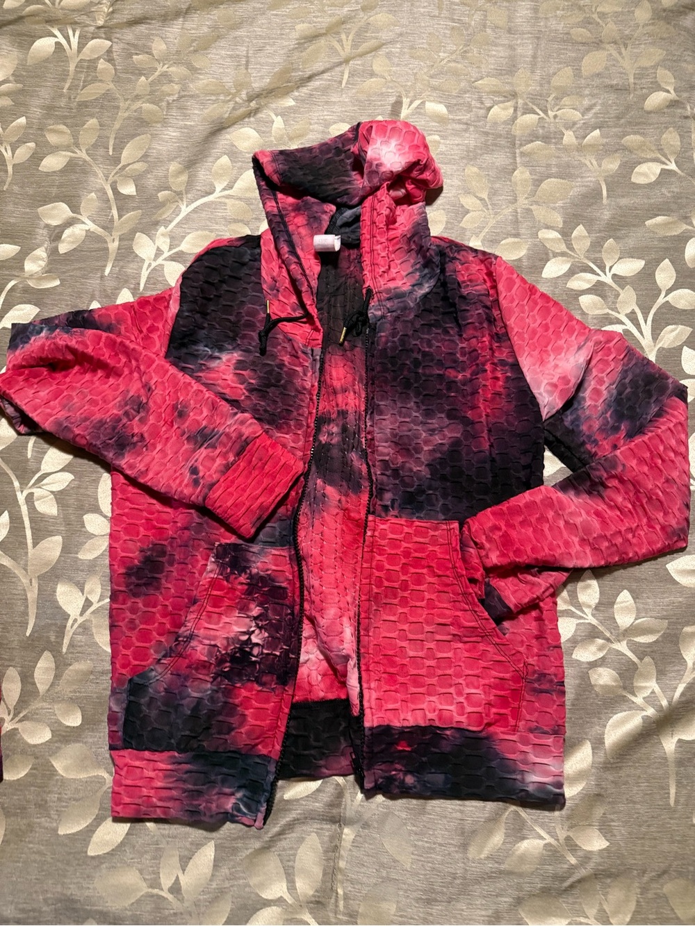 Tie-Dye Textured Hooded Teddy Jacket - Pink & Black